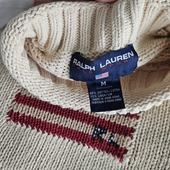 Vintage Polo Sport 90s Ralph Lauren Cream Sweater with American Flag, Size M - Picture 4 of 4